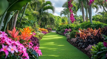 Tropical Garden Path Flowers Sunlight