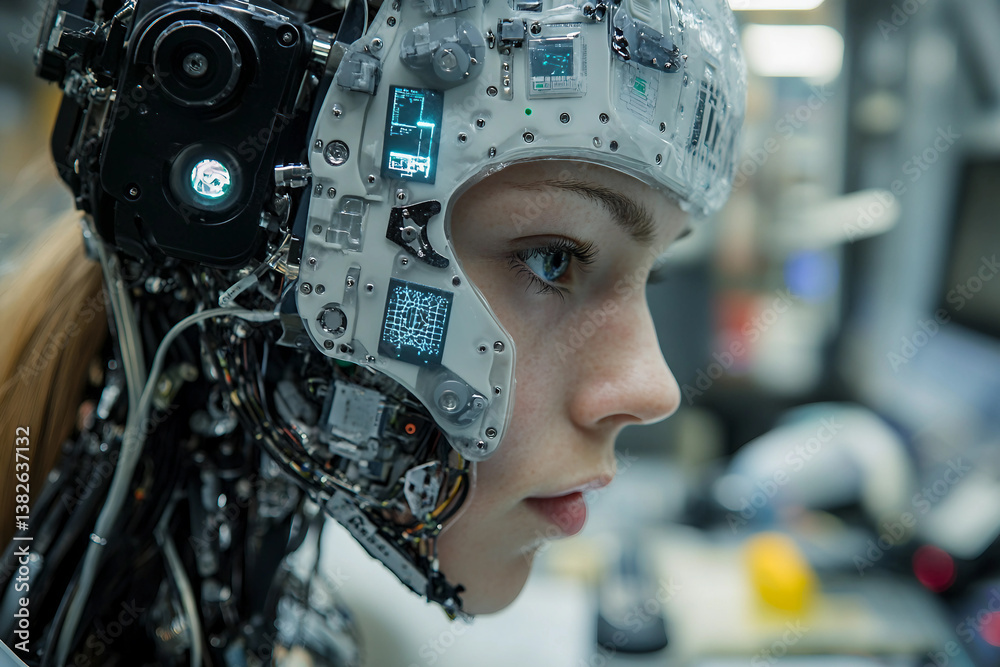 Poster a humanoid robot in an advanced factory setting, highlighting automation and the future of manufactu
