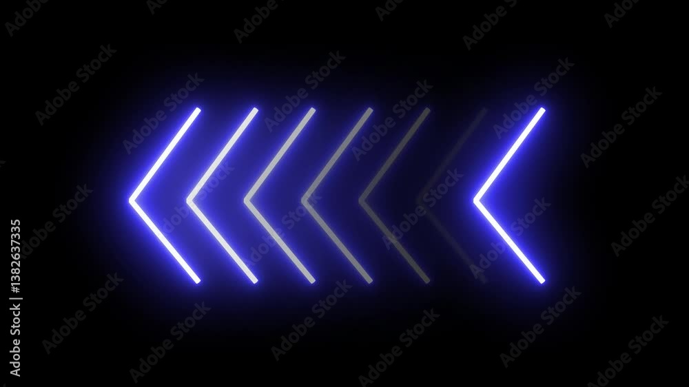 Poster seven 7 shapes of glowing blue neon arrows fade in and fade out motion animation graphic, right to l