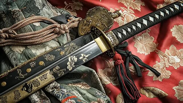 Ornate katana resting on a richly patterned fabric, showcasing intricate details and cultural significance