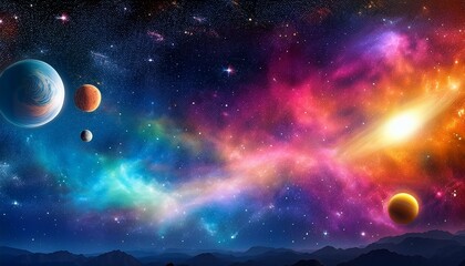 Obraz premium Nebula Dreams Planets Over Mountain Silhouettes