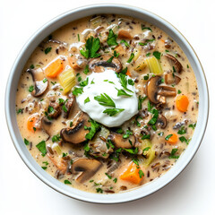 A bowl of mushroom and wild rice soup, with saut&Atilde;&copy;ed mushrooms, wild rice, carrots, celery, and onions, simmered in a creamy vegetable broth and garnished with fresh parsley and a dollop of coconut