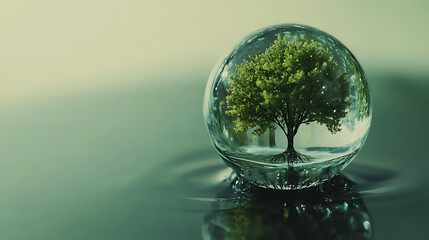 A single drop of water with a small rainforest inside, empty background