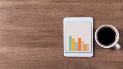 Tablet showing graph, coffee cup, wood desk.