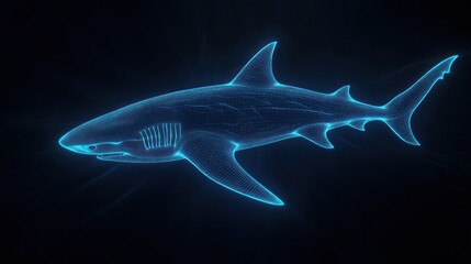 Abstract neon shark swimming in deep dark water with futuristic design lines
