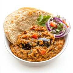 A bowl of baingan bharta, with roasted eggplant mashed and cooked with tomatoes, onions, and spices, served with roti and a side of salad, isolated on clean white background.