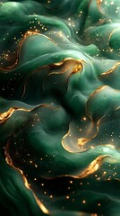 Obraz premium Abstract Swirling Green Waves with Golden Accents in Mystical Underwater Landscape