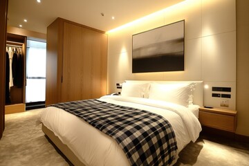 A modern bedroom featuring a bed and closet with artwork