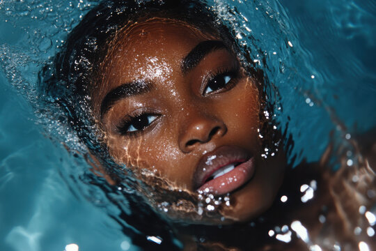 Young model posing underwater in a turquoise pool