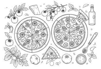 Two delicious pizzas surrounded by fresh tomatoes basil and olive oil a hand drawn illustration perfect for Italian restaurant menus or recipe books
