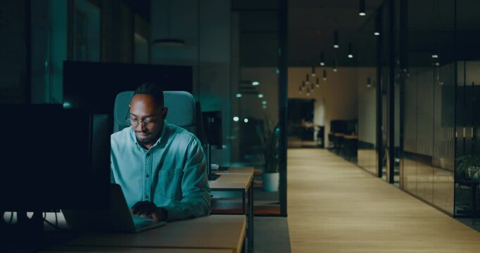 Female businesswoman employee working late in the office, using a laptop while feeling tired and burnt out. Reading, copywriting, editing, and struggling with fatigue and brain fog on a tight deadline
