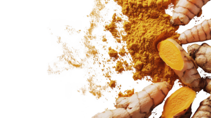A close up shot of turmeric roots and powder on a black background with bright yellow color contrast