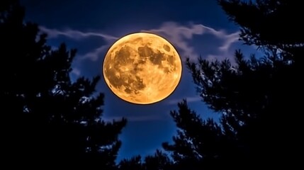 An amazing bright full moon is seen above dark silhouettes of trees