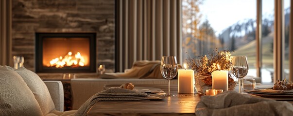 A dining room is awash in the amber glow of candlelight, creating a serene and inviting atmosphere A textured wood table, set with delicate glassware and soft fabrics, takes center stage The warm