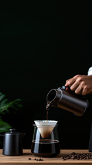 Barista pouring filter coffee from kettle into glass server
