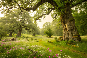 Mystical Forest Path Through Mossy Trees and Mist.