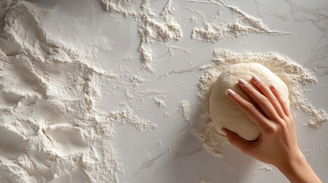 dough and flour on a white corian surface, a woman's finger pointing at the surface 
