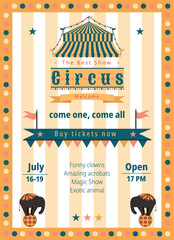 A poster on the theme of the circus with a yellow, green, red, pink background. It is suitable as an invitation, an announcement. Illustration