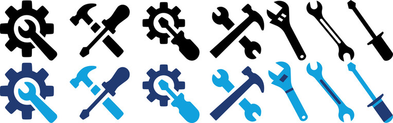 Tools and Service icons set. Wrench, screwdriver and gear icon. Screwdriver and wrench glyph icon. Settings and repair, service sign - stock.	