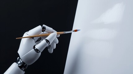A futuristic robotic hand holding a delicate paintbrush, painting a traditional landscape on a canvas, high-resolution textures, soft lighting, deep colors 