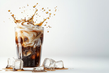 Isolated glass of iced coffee with swirling cream and ice studio setting high-resolution photography minimalist background captivating beverage concept