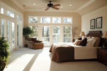 Fototapeta premium A bright spacious bedroom features large windows and comfortable furniture