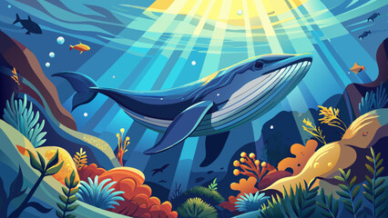 Fototapeta premium Majestic whale swimming under water with light filtering from above