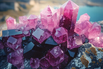 Fototapeta premium A cluster of pink crystals perched atop a rock, natural beauty