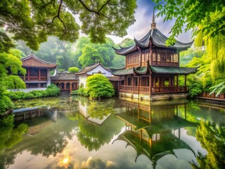 Naklejka premium Double Exposure: Suzhou Lingering Garden Architecture Amidst Lush Trees