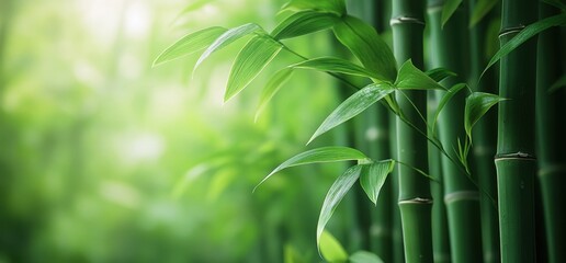 Explore the textures and tranquility of a lush green bamboo forest under soft natural light
