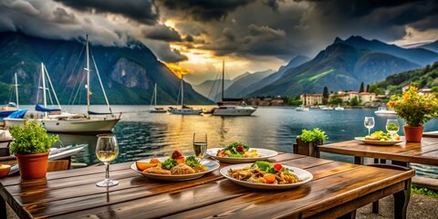Obraz premium Dramatic Lake Como: Mountain View & Marina in Stormy Weather