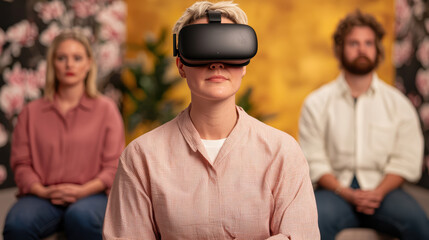 Woman in VR headset, group observing.