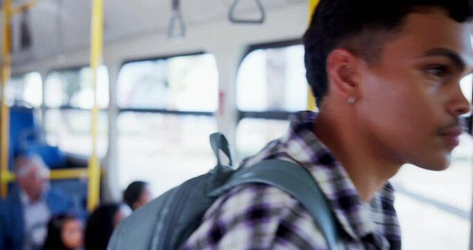 Student, man and commute with phone on bus for university journey, morning travel and location stop. Gen z person, backpack and public transport schedule for destination, routine and college shuttle