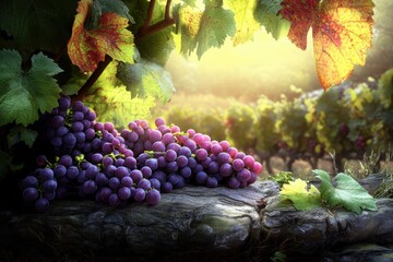 Fototapeta premium Grapes resting on a stone amidst lush vineyard under warm sunlight in autumn