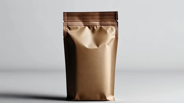 Brown packaging pouch standing upright on a minimalistic surface with soft lighting