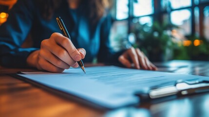 Close-up on contract signing with a pen, symbolizing business agreement