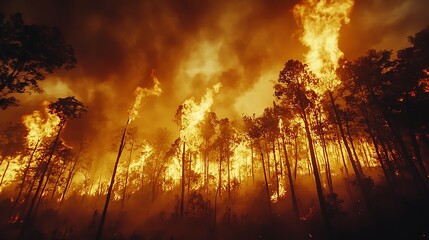 Raging wildfires sweeping across the Amazon, with scorched trees, ashfilled skies, and the visible effects of ecological destruction in the heart of South America s rainforest