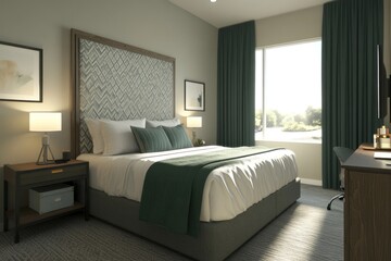 A comfortable bedroom interior design featuring a large bed and curtains
