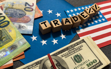 Container tariffs word on Flag of the United States of America background. Tariff US trade war with...