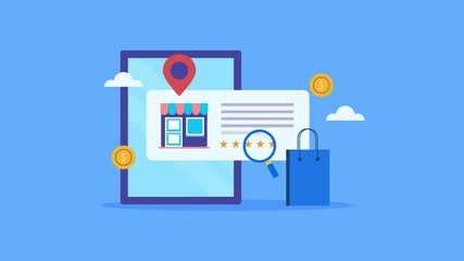 Local business SEO, display store location map, customer rating on tablet screen.