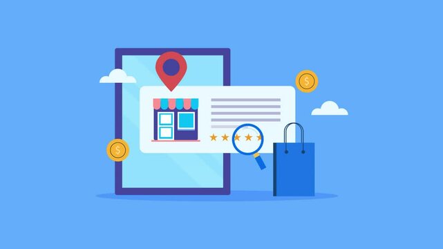 Local business SEO, display store location map, customer rating on tablet screen.