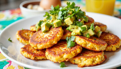 Gourmet corn fritters topped with avocado salsa, tropical brunch delight