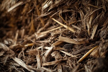 Macro photo of organic wood mulch biomass used for sustainable energy