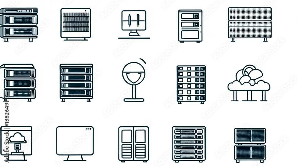 Poster outline icons set for modern data center web design projects generative ai