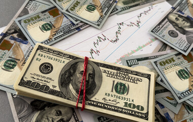100 USA dollars banknote with pen over stock market chart