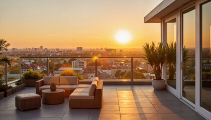 Fototapeta premium Scenic sunset view from modern rooftop with lounge seating, urban relaxation
