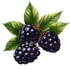 A digital painting of three blackberries with green leaves on a black background close up view