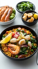 Colorful Seafood Paella with Fresh Lemon Wedge on White Plate