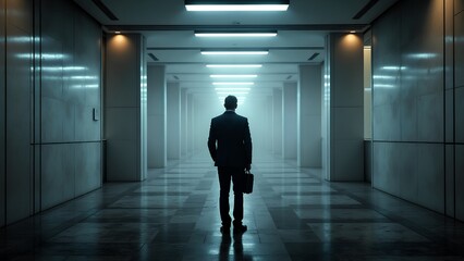 Fototapeta premium Businessman Walking Alone in Foggy Corporate Hallway at Night