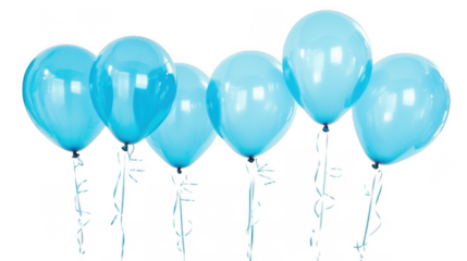 A group of light blue balloons floating against a black background in a studio setting image
